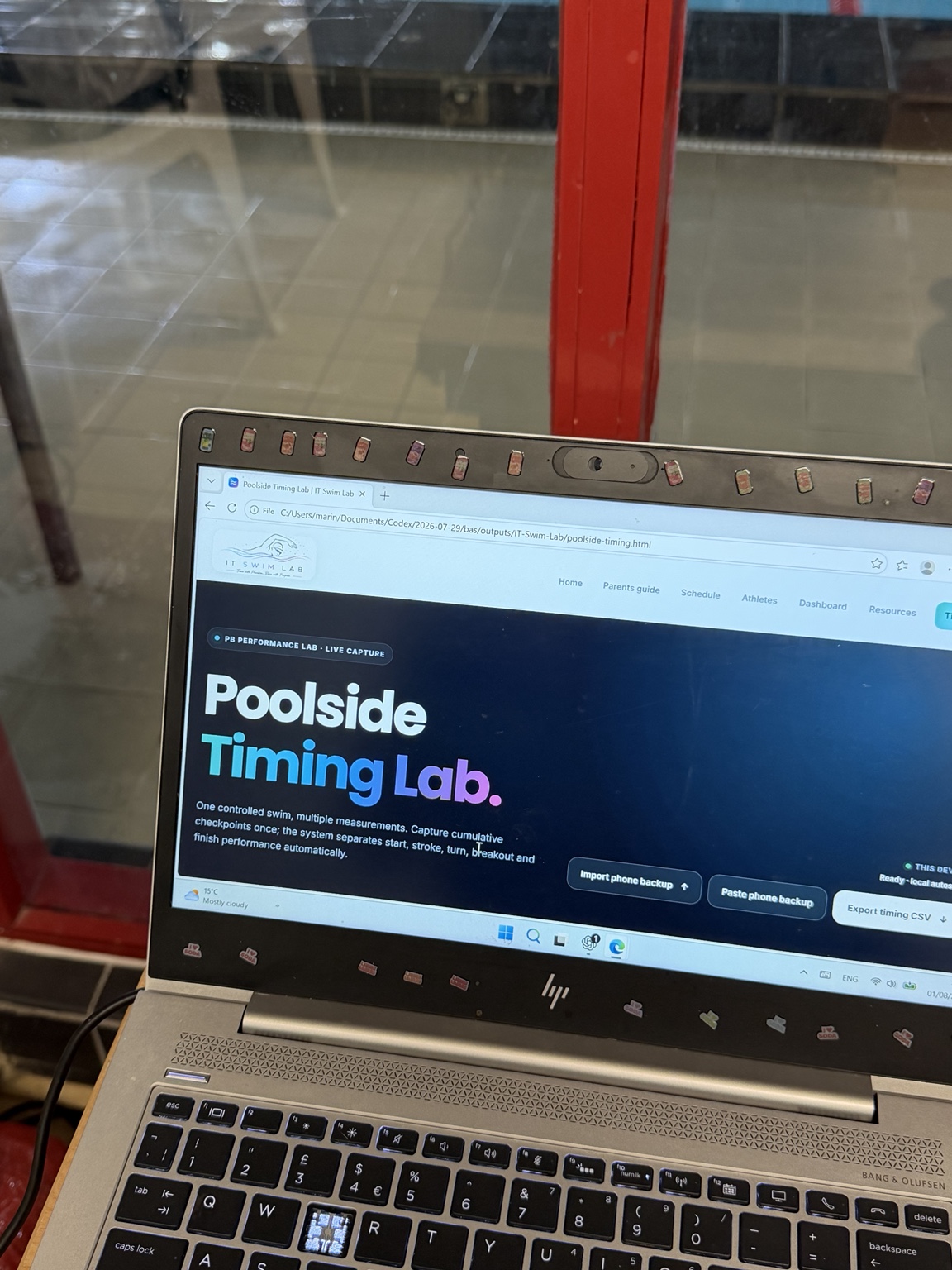 PB Performance Lab timing lab screen by the pool