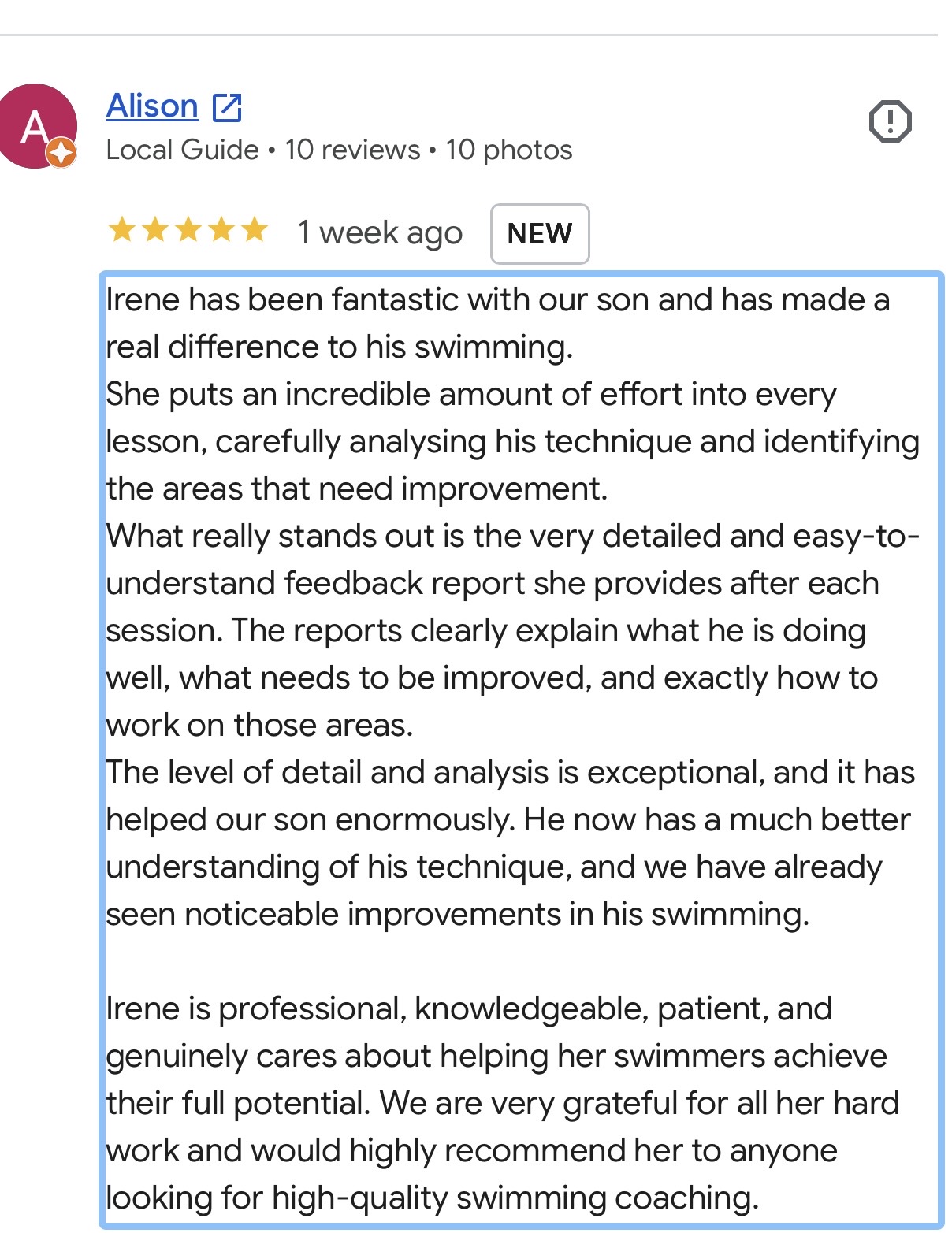 Google review from Alison