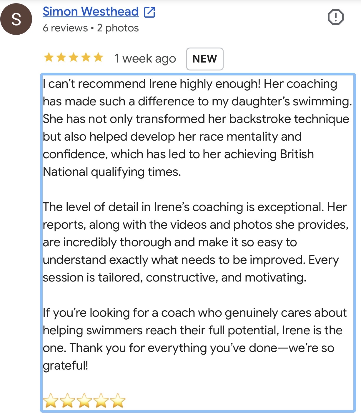 Google review from Simon Westhead