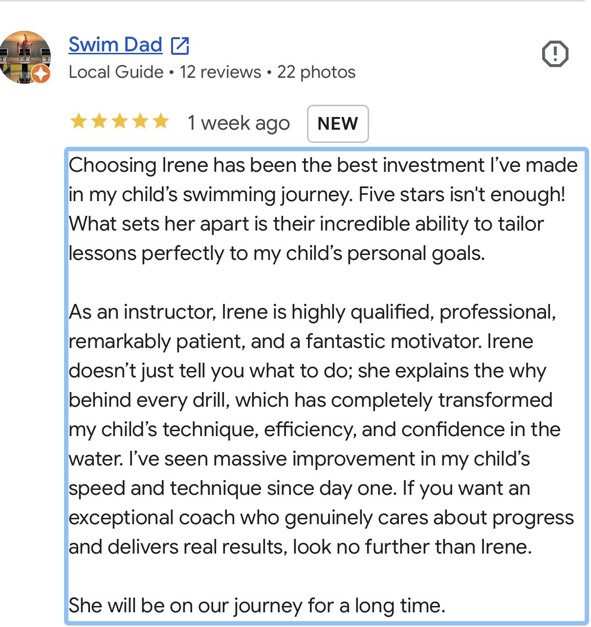 Google review from Swim Dad